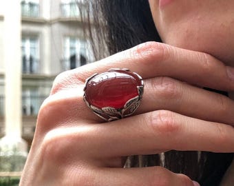 Red Agate Ring, Agate Ring, Natural Agate, August Birthstone, Silver Leaf Ring, Red Statement Ring, Red Carnelian Ring, Solid Silver Ring