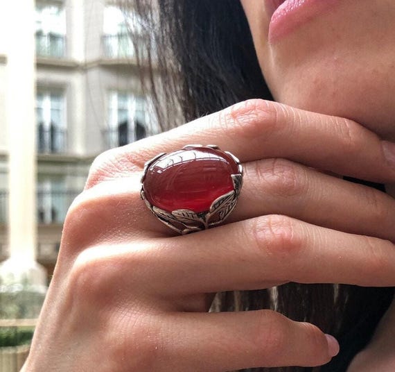 Red Agate Ring, Agate Ring, Natural Agate, August Birthstone, Silver Leaf Ring, Red Statement Ring, Red Carnelian Ring, Solid Silver Ring