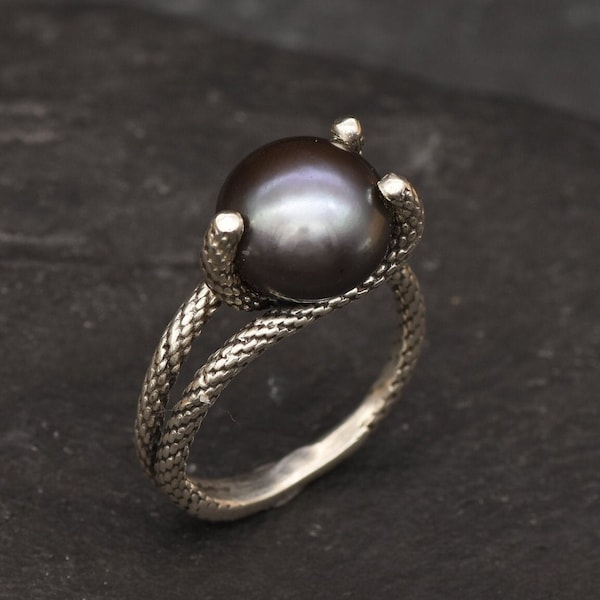 Black Pearl Ring, Genuine Pearl, Vintage Ring, June Birthstone, Rope Ring, Pearl Anniversary Ring, Antique Pearl Ring, Solid Silver Ring