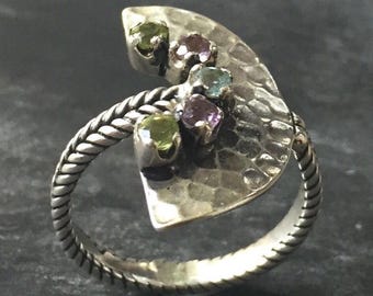 Tribal Ring, Topaz Ring, Birthstone Ring, Peridot Ring, Blue Topaz Ring, Amethyst Ring, Half Moon Ring, Solid Silver Ring, Rare By Adina