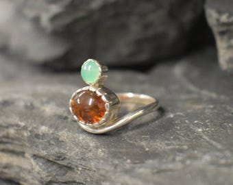 Amber Ring, Natural Amber, Chrysoprase Ring, Asymmetric Ring, Natural Chrysoprase, Vintage Ring, Unique Ring, Multistone Ring, Silver Ring