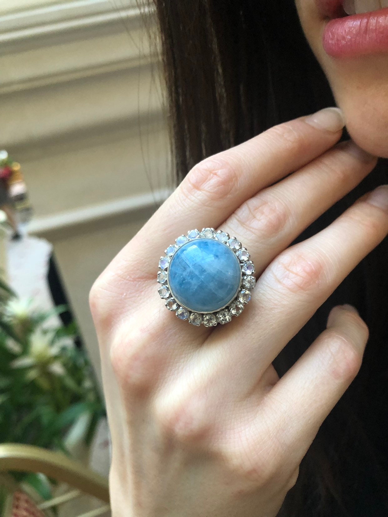 Aquamarine Ring Natural Aquamarine Moonstone Ring Statement Etsy