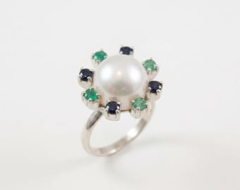 Natural White Pearl Ring, Pearl Halo Ring, Pearl Multistone Ring