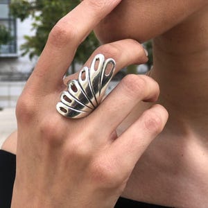 Long Silver Ring, Peacock Ring, Statement Ring, Artisan Ring, Silver Feather Ring, Leaf Ring, Heavy Ring, Artistic Ring, Solid Silver Ring