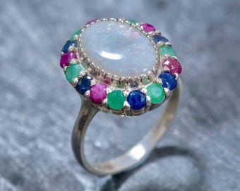Large Opal Ring, Natural Australian Opal, Victorian Ring, October Birthstone, Birthstone Ring, Antique Ring, Large Oval Ring, Silver Ring