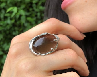 Smoky Topaz Ring, Natural Smoky Topaz, Large Oval Ring, Brown Ring, December Birthstone, Statement Ring, Chunky Ring, Solid Silver Ring
