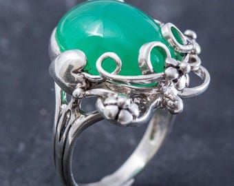 Chrysoprase Ring, Natural Chrysoprase, Large Green Ring, May Birthstone, Green Vintage Ring, Large Flower Ring, 925 Silver, Rare By Adina