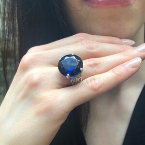 Blue Sapphire Ring, Sapphire Ring, Created Sapphire, Blue Round Ring, Round Statement Ring, Blue Diamond Ring, Vintage Ring, 925 Silver Ring image 3