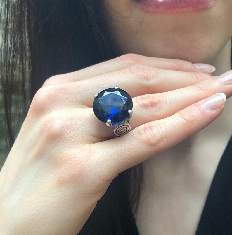 Blue Sapphire Ring, Sapphire Ring, Created Sapphire, Blue Round Ring, Round Statement Ring, Blue Diamond Ring, Vintage Ring, 925 Silver Ring image 3