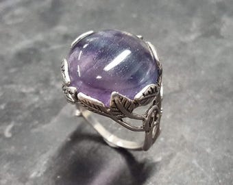 Flourite Ring, Natural Fluorite, Silver Leaf Ring, Round Purple Ring, Statement Ring, Purple Crystal Ring, Leaf Ring, Solid Silver Ring