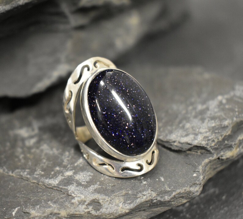 Blue Sandstone Ring, Natural Sandstone, Night Sky Ring, Artistic Ring, Large Sandstone Ring, Black Ring, Sparkly Ring, Solid Silver Ring image 9