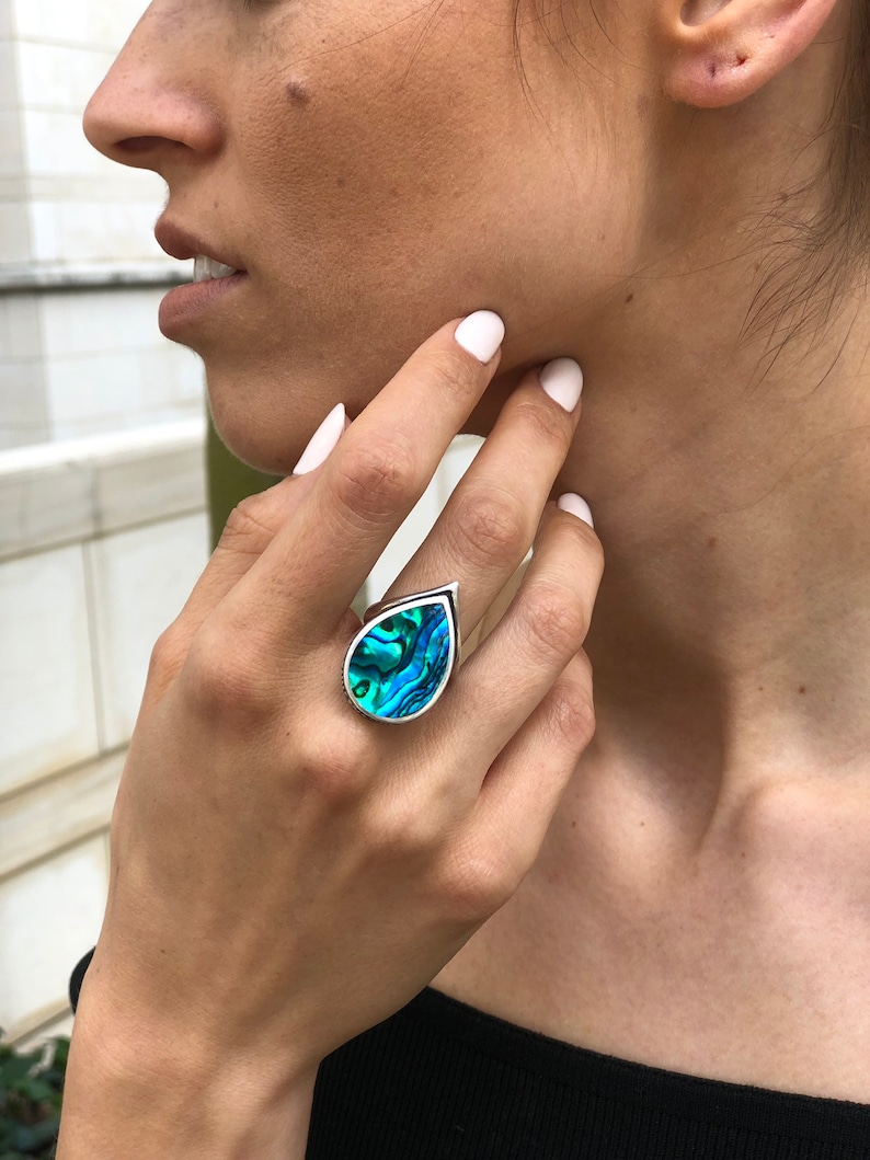 Solid Silver Ring Pearl Shell Ring Mother of Pearl Blue Shell Ring Flat Ring Teardrop Ring Ocean Ring Leaf Ring Blue Green Ring