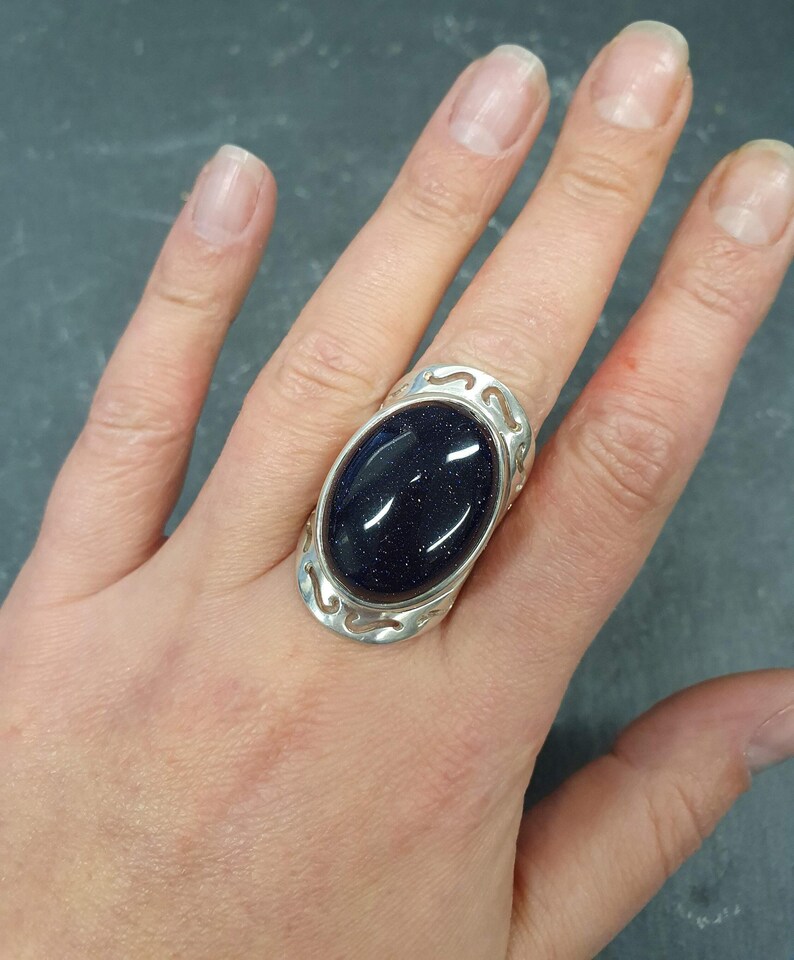Blue Sandstone Ring, Natural Sandstone, Night Sky Ring, Artistic Ring, Large Sandstone Ring, Black Ring, Sparkly Ring, Solid Silver Ring image 10