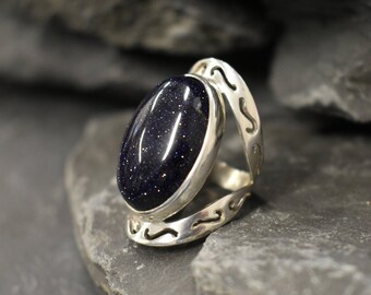 Blue Sandstone Ring, Natural Sandstone, Night Sky Ring, Artistic Ring, Large Sandstone Ring, Black Ring, Sparkly Ring, Solid Silver Ring