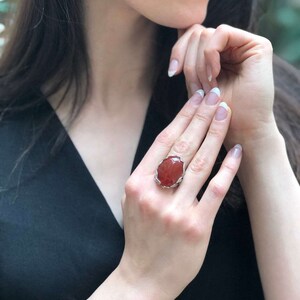 Red Agate Ring, Agate Ring, Natural Agate, August Birthstone, Silver Leaf Ring, Red Statement Ring, Red Carnelian Ring, Solid Silver Ring image 7