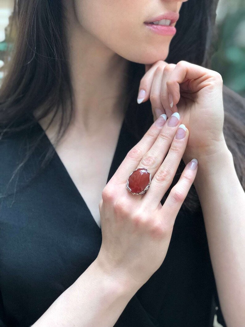 Red Agate Ring, Agate Ring, Natural Agate, August Birthstone, Silver Leaf Ring, Red Statement Ring, Red Carnelian Ring, Solid Silver Ring image 7