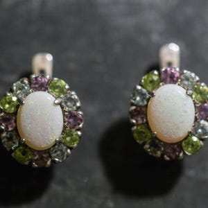 May include: A pair of silver earrings with a white opal center stone surrounded by a halo of pastel pink, green, and blue gemstones.