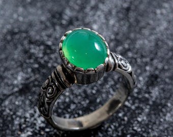 Chrysoprase Ring, Natural Chrysoprase, Green Boho Ring, Silver Vintage Ring, Ethnic Ring, Oval Solitaire Ring, Embossed Ring, Rare by Adina