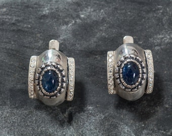 Vintage Sapphire Earrings, Natural Sapphire Studs, September Birthstone, Silver Sapphire Earrings, Blue Bezel Earrings, Rare by Adina Stone