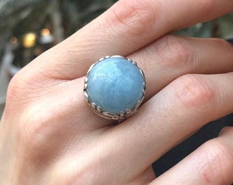 Statementring, Akvamarinring, Naturlig Akvamarin, Stor Akvamarinring, Ring med Mars-födelsesten, Konstnärlig Silverring, Ring i Massivt Silver