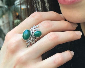 Leaf Ring, Natural Malachite Ring, Green Vintage Ring, April Ring, Green Stone Ring, Inspirational Ring, Natural Green Ring, 925 Silver Ring