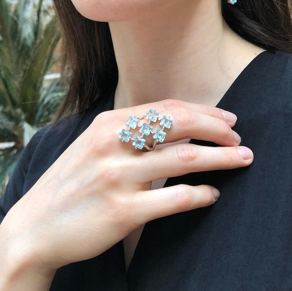 Blue Topaz Ring, Natural Blue Topaz, December Birthstone, Cocktail Ring, Natural Topaz Ring, Blue Vintage Ring, 925 Silver Ring, Blue Topaz