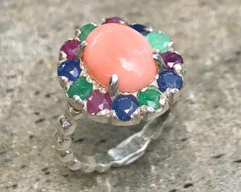 Birthstones Ring, Coral Ring, Natural Coral, Victorian Ring, Emerald Ring, Pink Coral Ring, Oval Ring, Sterling Silver Ring, Sapphire, Ruby