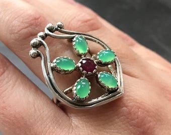 Big Flower Ring, Natural Chrysoprase, Natural Ruby, Green Statement Ring, Large Floral Ring, Unique Flower Ring, Silver Ring, Adina Stone