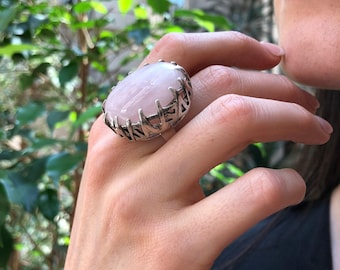Large Rose Quartz Ring, Vintage Ring, Statement Ring, January Birthstone, Heavy Ring, Tall Ring, Chunky Ring, Pink Ring, Solid Silver Ring