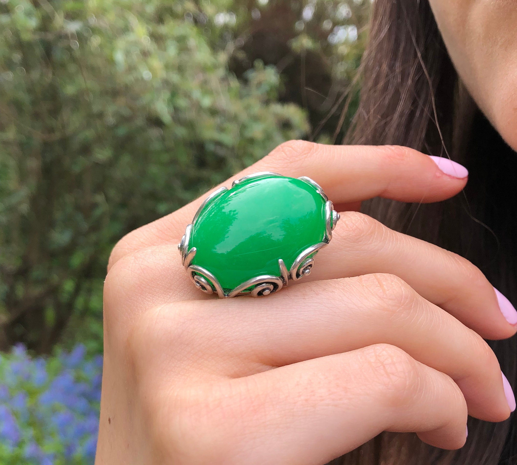 Green Agate Ring Natural Green Agate Agate Ring Silver Leaf Etsy