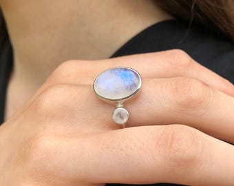 Moonstone Ring, Natural Rainbow Moonstone, June Birthstone, Oval Moonstone Ring, Two Stone Ring, Statement Silver Ring, Rare By Adina