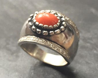 Vintage Coral Ring, Natural Coral Ring, Statement Coral Ring, Peach Coral Ring, Wide Silver Band,  Solitaire Ring, Rare by Adina