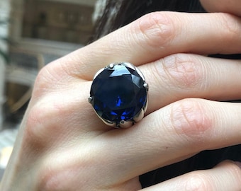 Large Sapphire Ring, Created Sapphire, Statement Blue Ring, Blue Diamond Ring, Statement Ring, Vintage Ring, Unique Ring, Solid Silver Ring