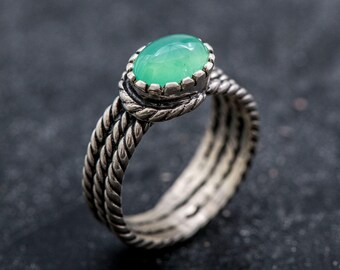 Chrysoprase Ring, Natural Chrysoprase Ring, Green Vintage Ring, Silver Rope Band, Oval Chrysoprase Ring, Triple Band Ring, Rare by Adina