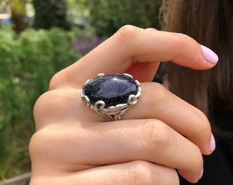 Large Blue Ring, Sandstone Ring, Blue Sand Stone, Artisan Oval Ring, Statement Ring, Vintage Rings, Sagittarius Ring, Sterling Silver Ring