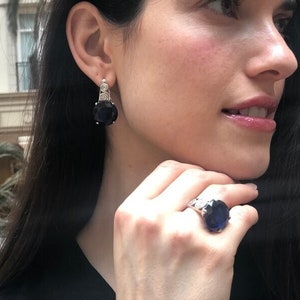 Blue Sapphire Ring, Sapphire Ring, Created Sapphire, Blue Round Ring, Round Statement Ring, Blue Diamond Ring, Vintage Ring, 925 Silver Ring image 10