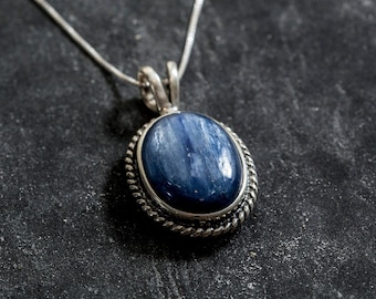 Kyanite Pendant, Natural Kyanite, Blue Kyanite Necklace, Large Oval Pendant, Vintage Necklace, African Kyanite, Heavy Necklace, Solid Silver