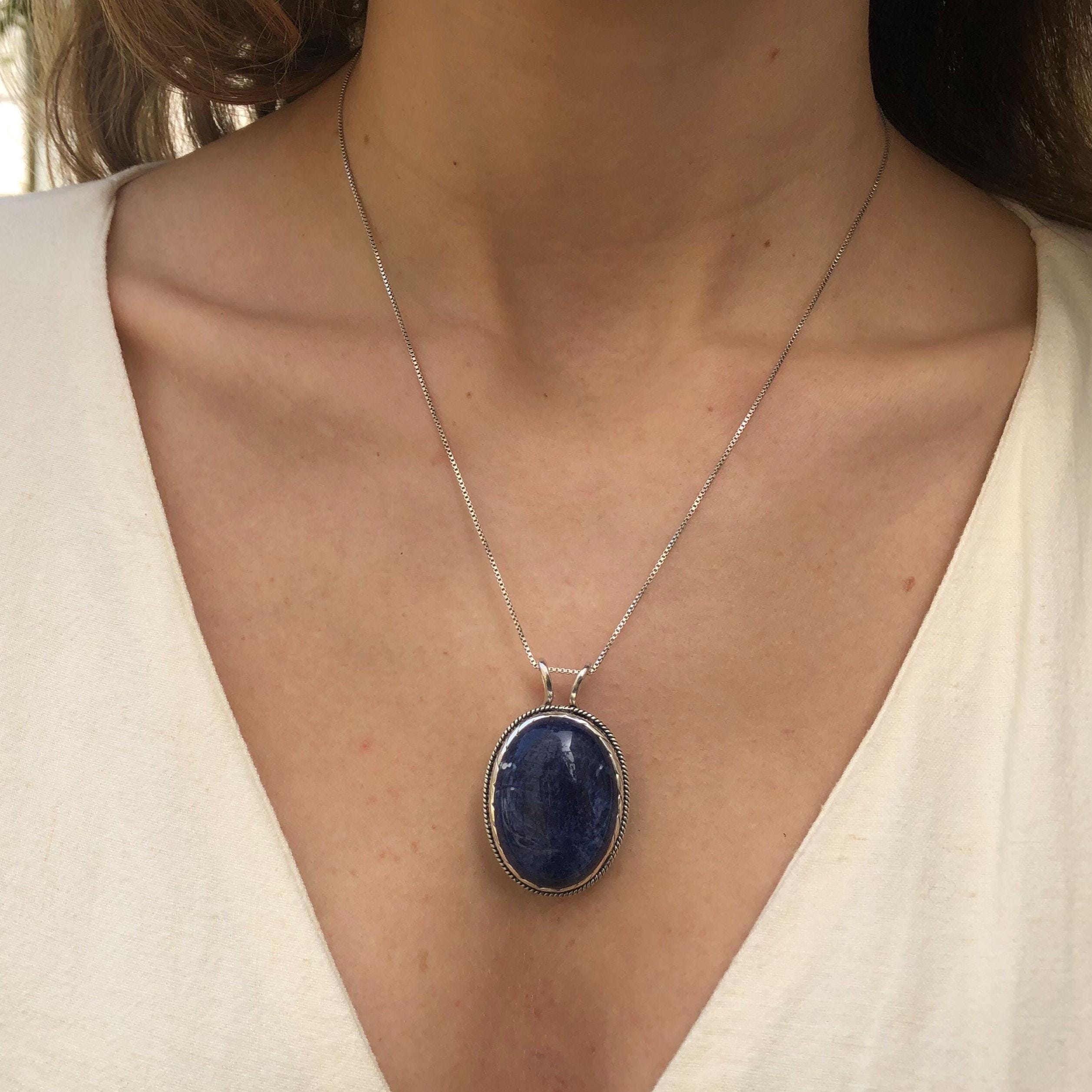 Blue Gemstone Pendant, Natural Sodalite Necklace, Statement Blue Necklace, Vintage Necklace, Oval Sodalite Pendant, Solid Silver Necklace
