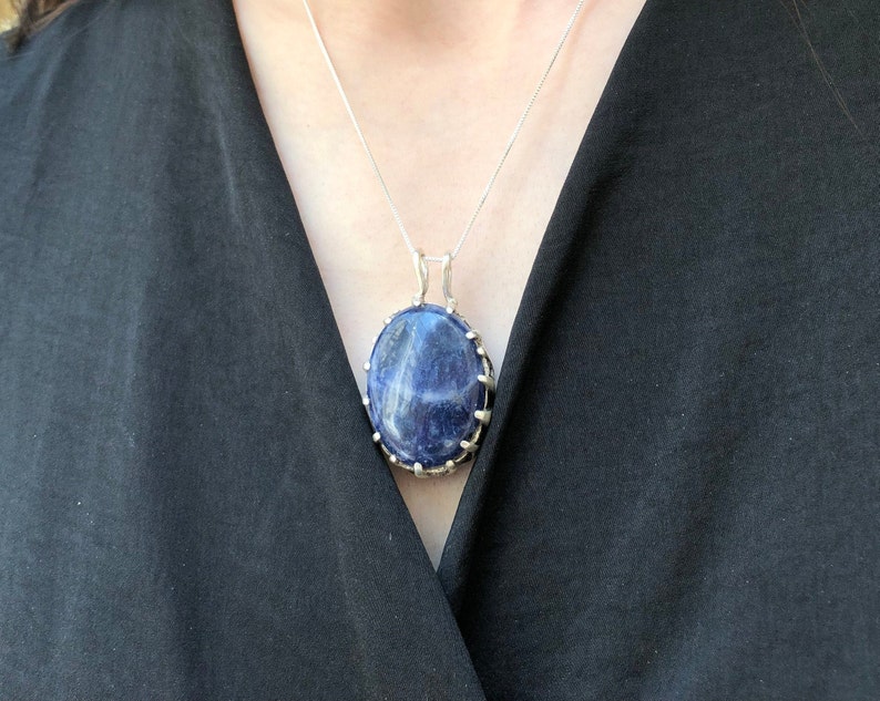 Blue Stone Pendant Natural Sodalite Chunky Blue Pendant Sodalite Pendant Solid Silver Pendant Blue Vintage Pendant Celtic Pendant