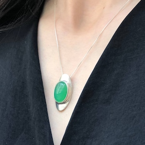 Chrysoprase Pendant, Natural Chrysoprase, Long Pendant, Large Chrysoprase, May Birthstone, Green Pendant, Oval Pendant, Solid Silver Pendant