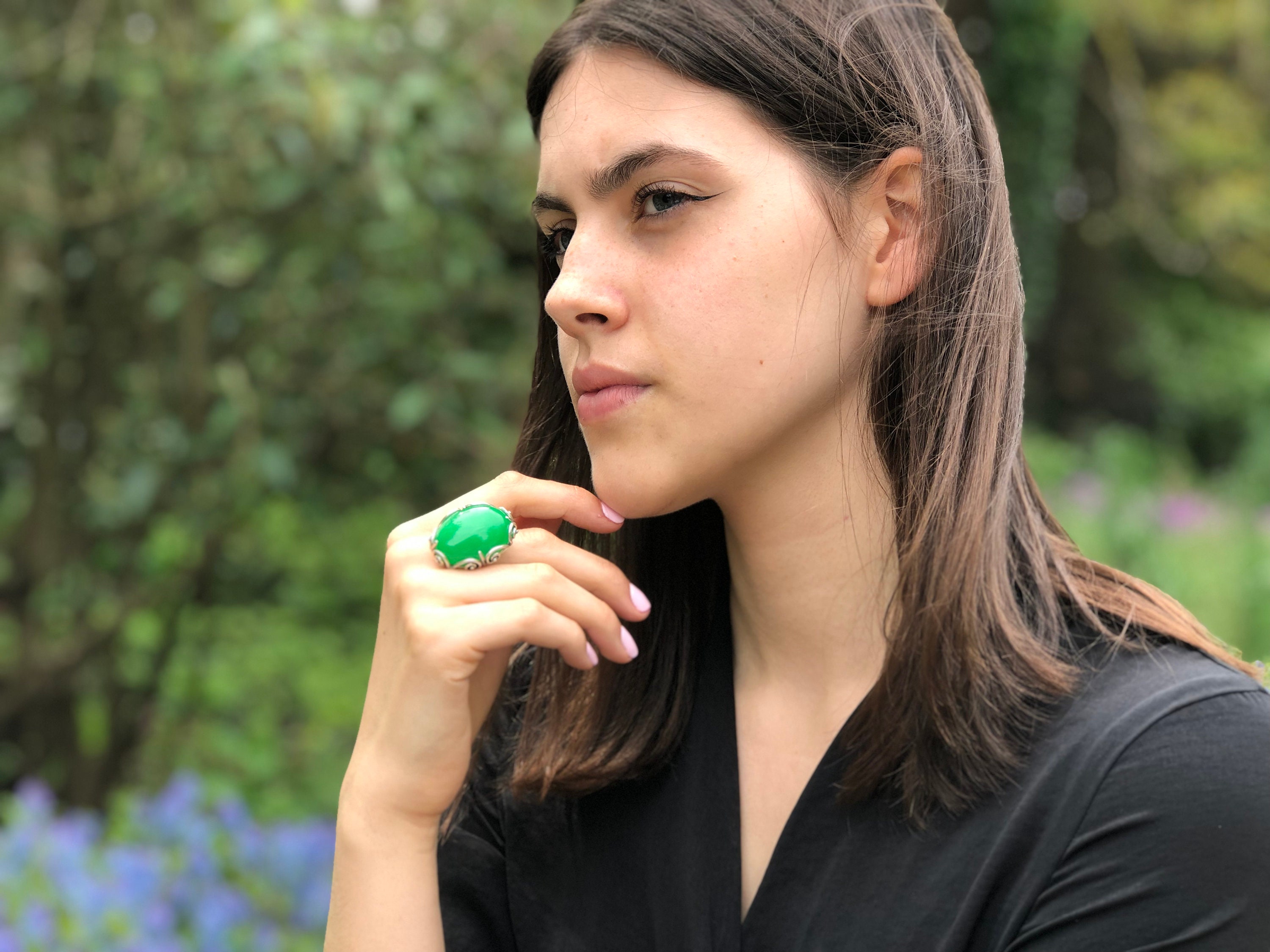 Green Agate Ring Natural Green Agate Agate Ring Silver Leaf Etsy