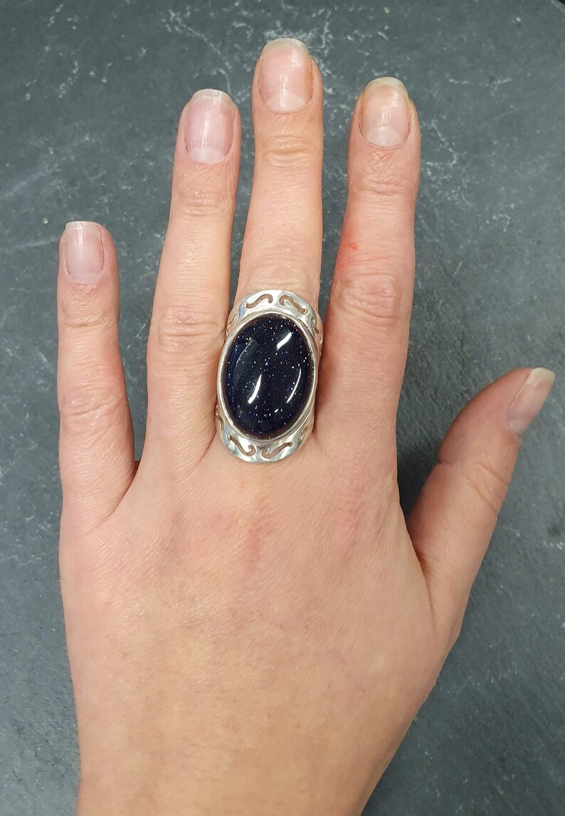 Blue Sandstone Ring, Natural Sandstone, Night Sky Ring, Artistic Ring, Large Sandstone Ring, Black Ring, Sparkly Ring, Solid Silver Ring image 8