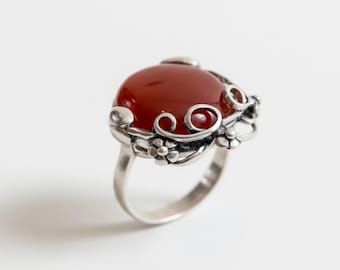 Carnelian Ring, Natural Carnelian, Red Agate Ring, August Birthstone, Leaf Ring, Statement Ring, Red Cocktail Ring, For Her, Rare By Adina