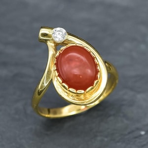 Carnelian Ring, Natural Carnelian, Red Agate Ring, Red Teardrop Ring, Gold Carnelian Ring, CZ Diamond Ring, Vintage Ring, Rare by Adina