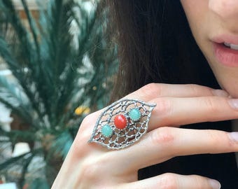 Red Coral Ring, Natural Red Coral Ring, Silver Leaf Ring, Statement Ring, Natural Emerald Ring, Artistic Ring, Coral Ring, Rare by Adina