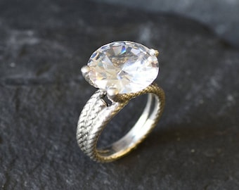 Large Diamond Ring, Created CZ Diamond, High Statement Ring, Sparkly Ring, Big Stone Ring, Rope Band, Tall Chunky Ring, Solid Silver Ring