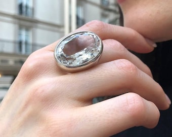 Large Topaz Ring, Natural White Topaz, Statement Ring, December Birthstone, Vintage Ring, Big Diamond Ring, Chunky Ring, Solid Silver Ring
