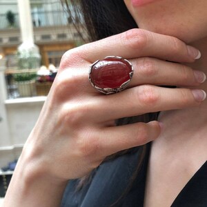 Red Agate Ring, Agate Ring, Natural Agate, August Birthstone, Silver Leaf Ring, Red Statement Ring, Red Carnelian Ring, Solid Silver Ring image 3