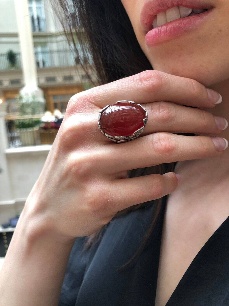 Red Agate Ring, Agate Ring, Natural Agate, August Birthstone, Silver Leaf Ring, Red Statement Ring, Red Carnelian Ring, Solid Silver Ring image 3