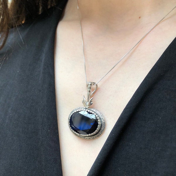 Royal Blue Pendant, Sapphire Pendant, Created Sapphire, Blue Pendant, Vintage Pendant, Victorian Pendant, Silver Pendant, Large Blue Pendant